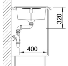 Schets van een spoelbak met afmetingen van 320 en 400 millimeter