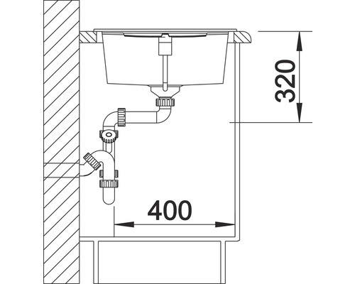 Schets van een spoelbak met afmetingen van 320 en 400 millimeter
