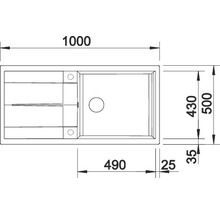 Tekening van een gootsteen met afmetingen