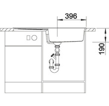 Schets van een gootsteen met de afmetingen 396 en 190