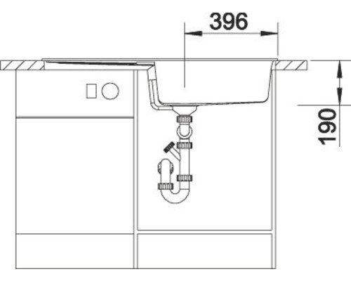 Schets van een gootsteen met de afmetingen 396 en 190