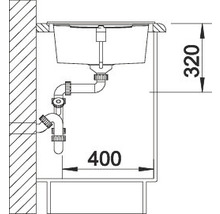 Schets van een spoelbak met afmetingen 400 bij 320 millimeter