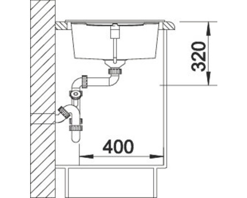 Schets van een spoelbak met afmetingen 400 bij 320 millimeter