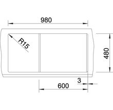 Technische tekening van een spoelbak met de afmetingen 980, 480 en 600 mm