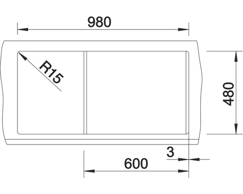 Technische tekening van een spoelbak met de afmetingen 980, 480 en 600 mm