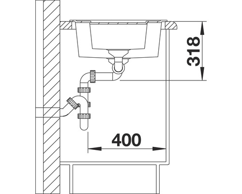 Schets van een spoelbak met afmetingen voor installatie
