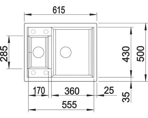Tekening van een spoelbak met maatvoering