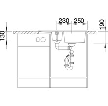 Schets van een gootsteen met maataanduidingen voor inbouw in een onderkast