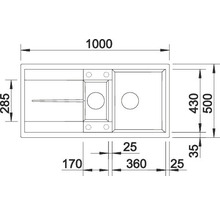 Technische tekening van een spoelbak met spoelbak en afdruiprek, afmetingen in millimeters