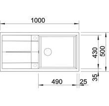 Tekening van een spoelbak met afmetingen: lengte 1000 mm, breedte 500 mm.