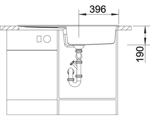 Tekening van een gootsteen met afmetingen 396 en 190