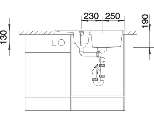 Schematische tekening van een gootsteen met onderkast en maatvoering