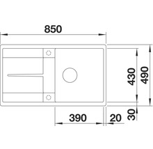 Tekening van een spoelbak met afmetingen: 850 mm totale lengte, 490 mm totale breedte, spoelbakbreedte 390 mm en spoelbakdiepte 430 mm.