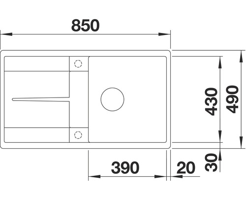 Tekening van een spoelbak met afmetingen: 850 mm totale lengte, 490 mm totale breedte, spoelbakbreedte 390 mm en spoelbakdiepte 430 mm.