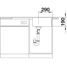Technische tekening van een spoelbak met afmetingen van inbouwdiepte en breedte