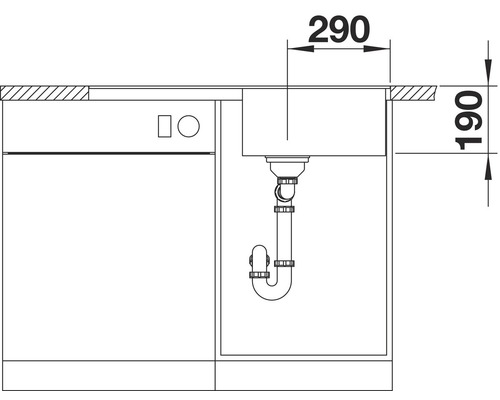 Technische tekening van een spoelbak met afmetingen van inbouwdiepte en breedte