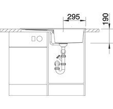 Tekening van een gootsteen met de afmetingen 295 bij 190 millimeter.
