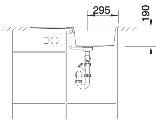 Tekening van een gootsteen met de afmetingen 295 bij 190 millimeter.