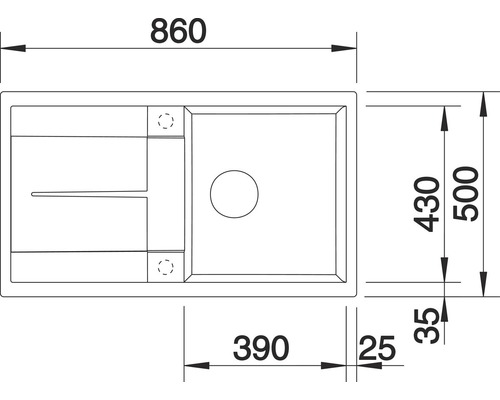 Technische tekening van een spoelbak met maatvoering.