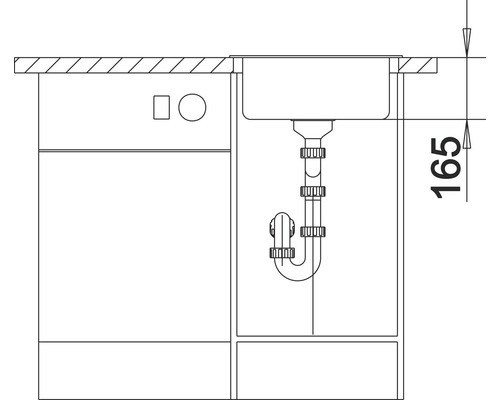 Schets van een gootsteen met sifon en maatvoering 165