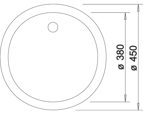 Technische tekening van een ronde opzetwastafel met afmetingen van 380 bij 450 millimeter
