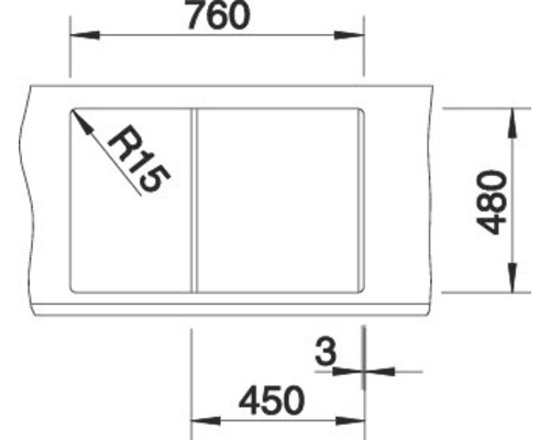 Technische tekening van een spoelbak met afmetingen