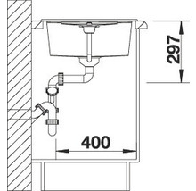 Technische tekening van een spoelbak met afmetingen 297 en 400.