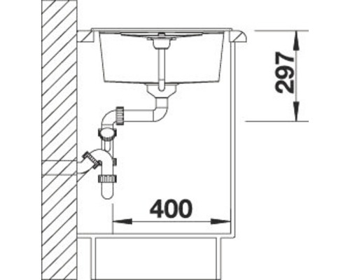 Technische tekening van een spoelbak met afmetingen 297 en 400.