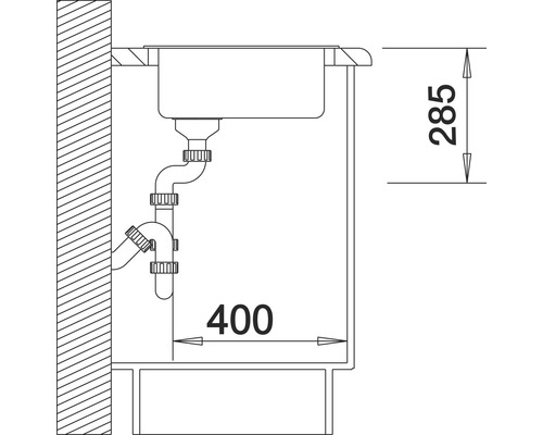 Technische tekening van een spoelbak met afmetingen.