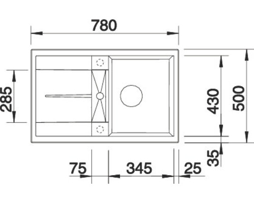 Tekening van een spoelbak met afmetingen