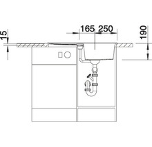 Technische tekening van een aanrechtspoelbak met afmetingen