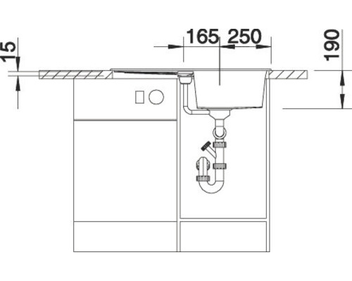 Technische tekening van een spoelbak met maataanduidingen