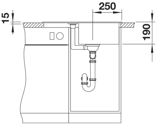 Technische tekening van een spoelbak met afmetingen voor installatie