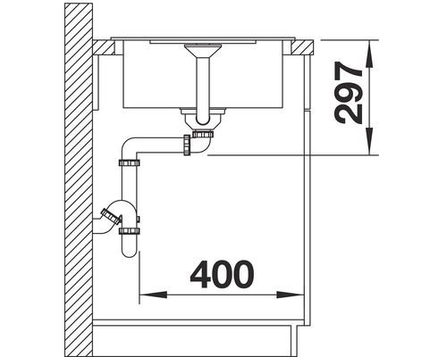Tekening van een spoelbak met afmetingen: 297 en 400 millimeter.