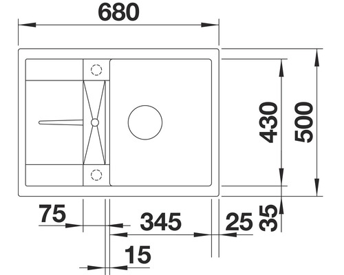 Technische tekening van een spoelbak met maatvoering