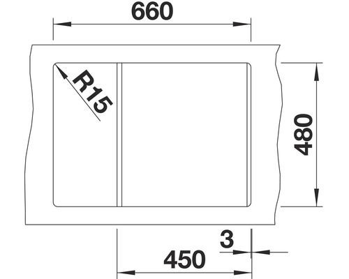 Technische tekening van een spoelbak met afmetingen