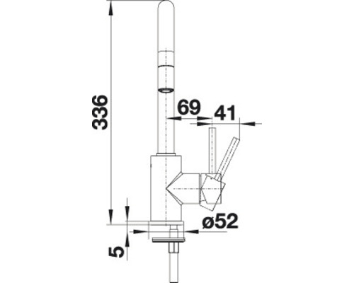 Maattekening van een keukenkraan met de afmetingen 336, 69, 41 en 52 mm.