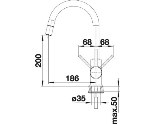 Technische tekening van een keukenkraan met afmetingen