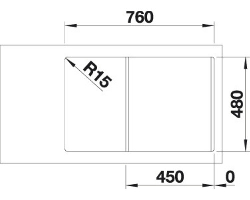 Technische tekening van een spoelbak met de afmetingen 760, 480 en 450 millimeter