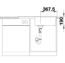 Technische tekening van een spoelbak met afmetingen
