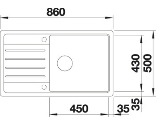 Tekening van een gootsteen met afmetingen.