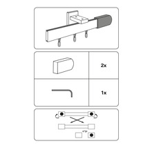 Schema voor gordijnrail met accessoires en montage-instructies