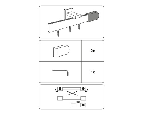 Schema voor gordijnrail met accessoires en montage-instructies