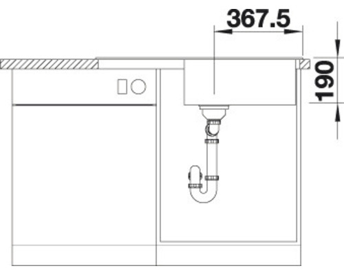 Tekening van een spoelbak met afmetingen 367,5 en 190