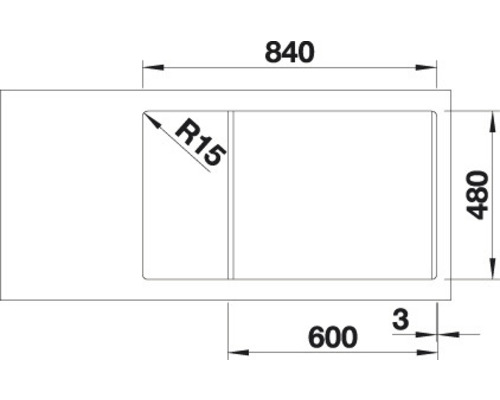 Technische tekening van een spoelbak met de afmetingen 840 x 480 millimeter