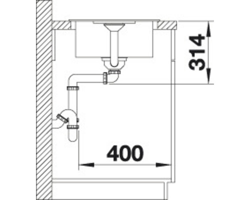 Tekening van een spoelbak met afmetingen
