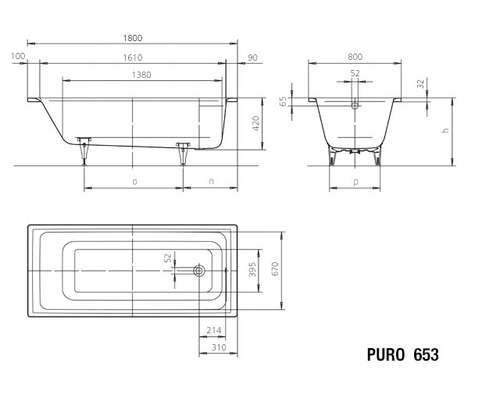 Technische tekening van een ligbad met afmetingen