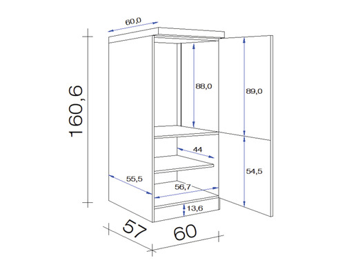 Technische tekening van een kast met afmetingen