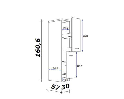 Technische tekening van een hoge kast met afmetingen