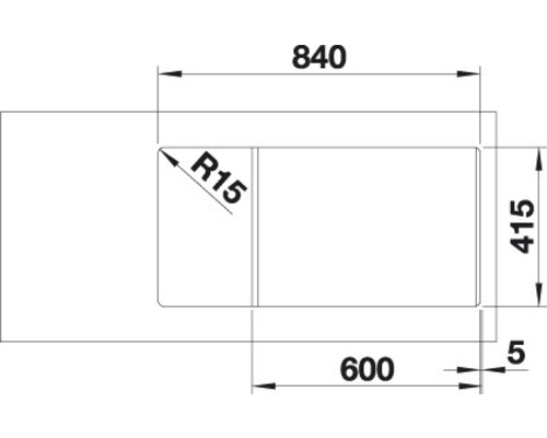 Technische tekening met maataanduidingen: 840, 415, 600, 5 en R15